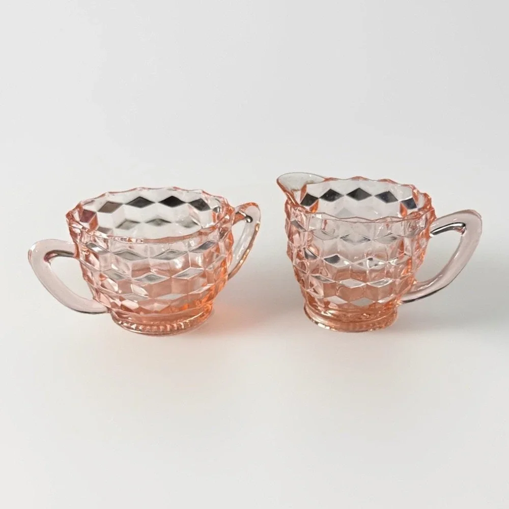Fostoria American Pressed Glass Pink Creamer/ Milk and Sugar Bowl For Tea Coffee